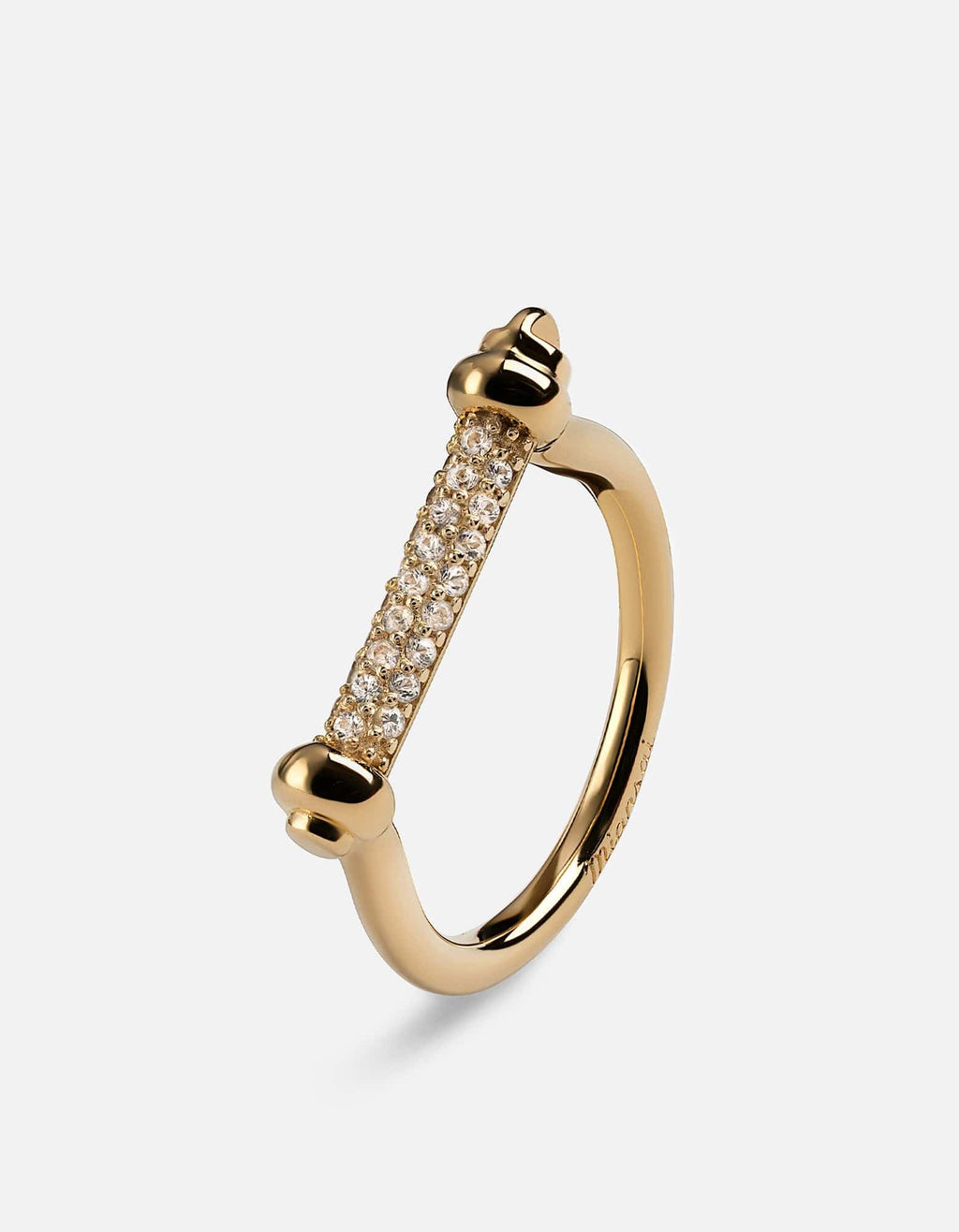 Thin Screw Cuff Ring, 14k Gold Pavé Bar