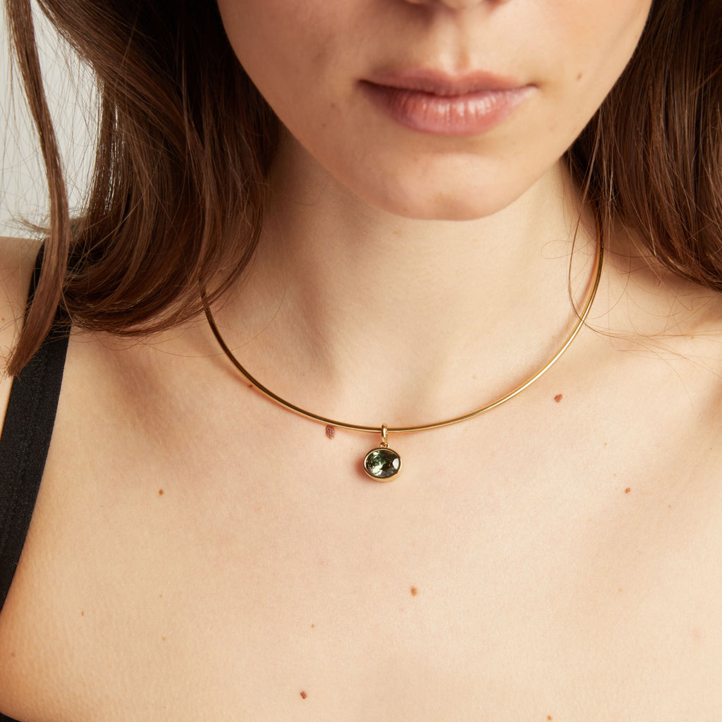 Lab Grown Green Sapphire Oval Pendant Collar Necklace