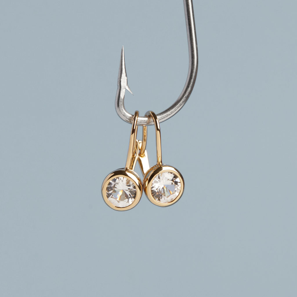 Round Lab Grown White Sapphire Bezel Drop Earrings