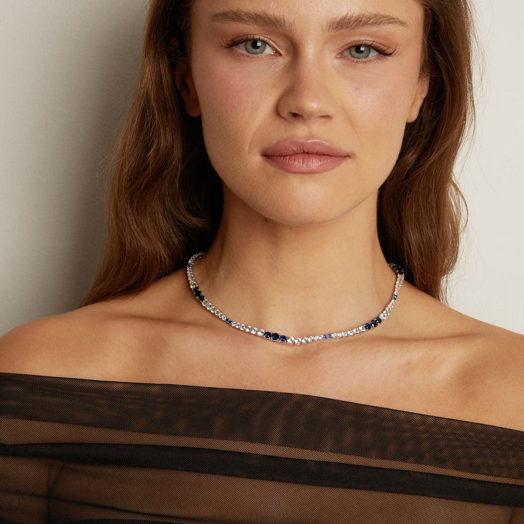 Lab Grown Blue Sapphire and White Sapphire Scalloped Tennis Necklace
