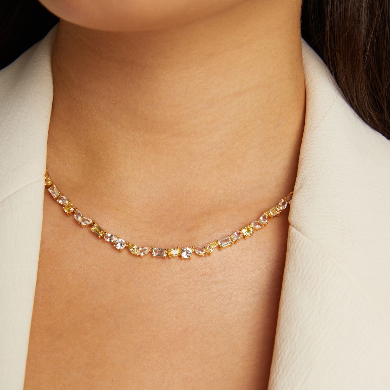 Lab Grown White Sapphire and Canary Mixed Shape Tennis Necklace