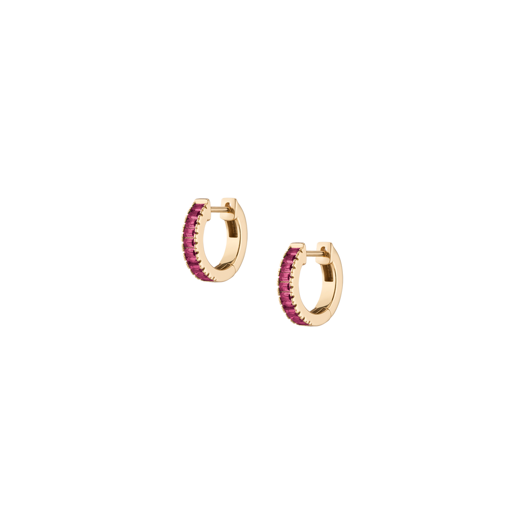 Lab Grown Red Ruby Baguette Huggie Earrings