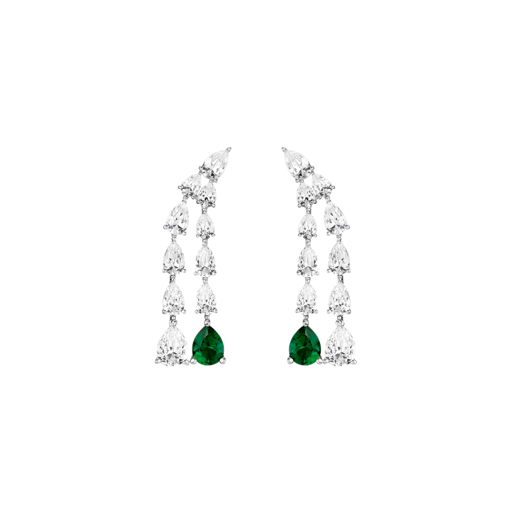 Lab Grown White Sapphire Waterfall Earrings with Emerald