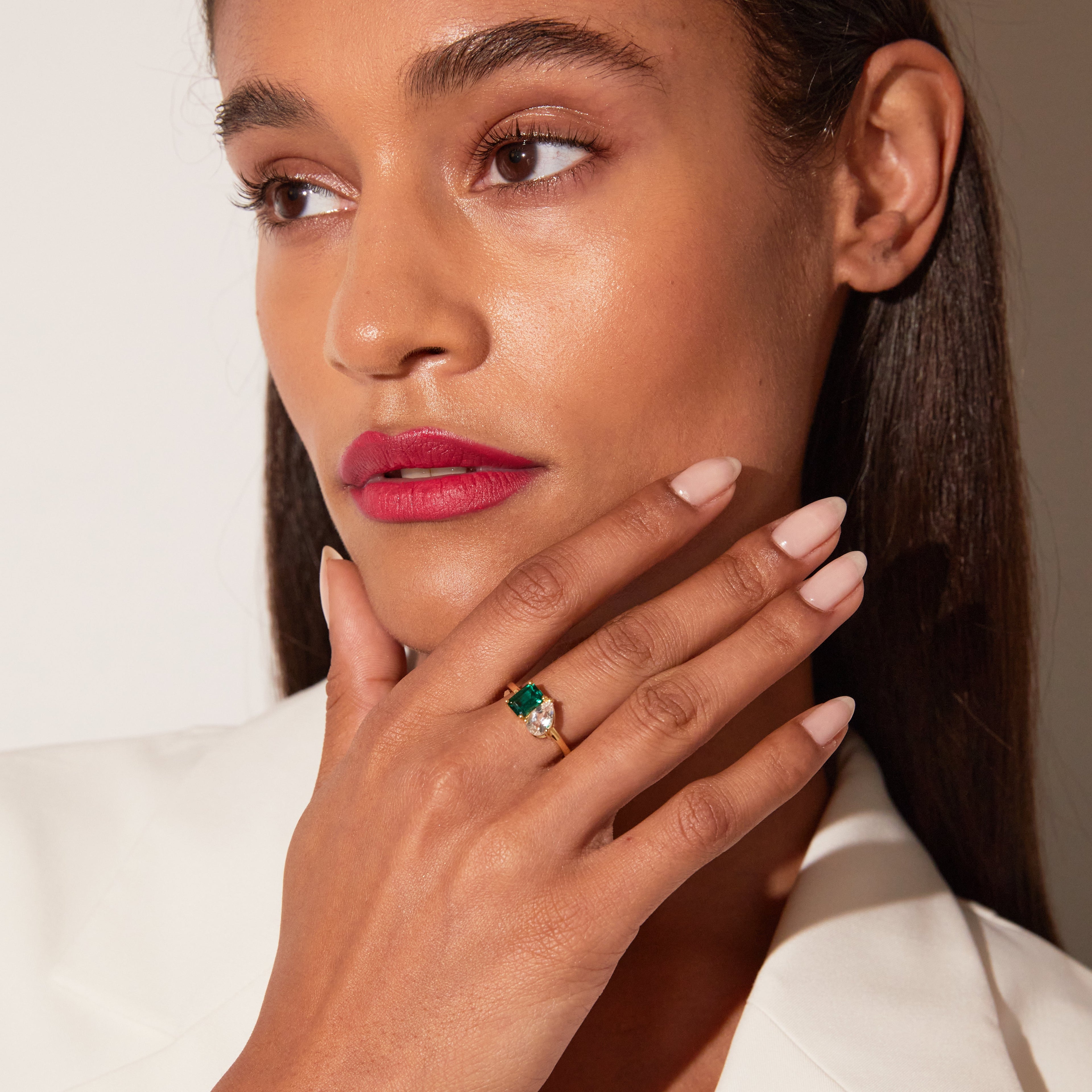 Toi et Moi Gemstone Classic Ring  - Green Emerald & White Topaz