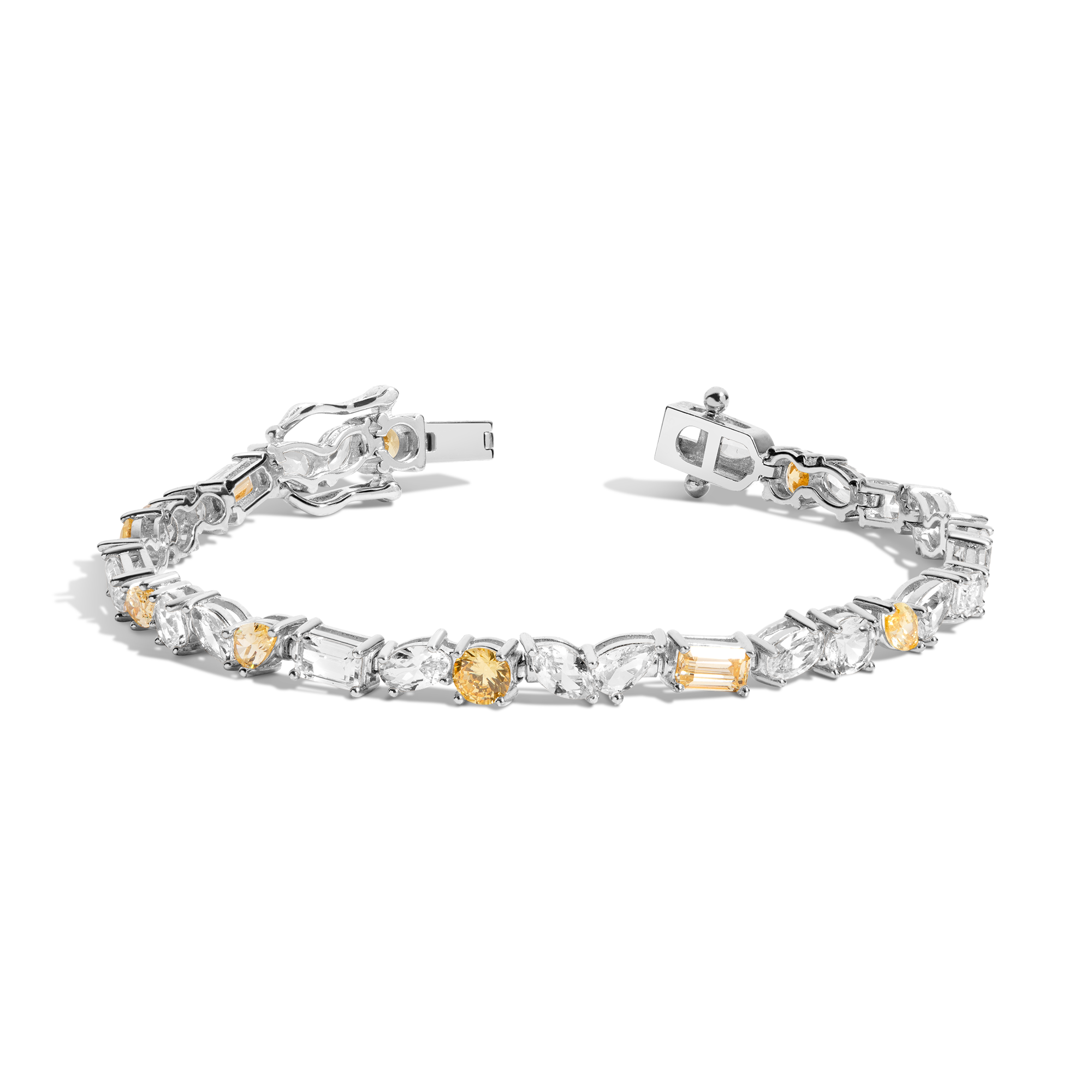 Lab Grown White Sapphire and Canary Mixed Shape Tennis Bracelet