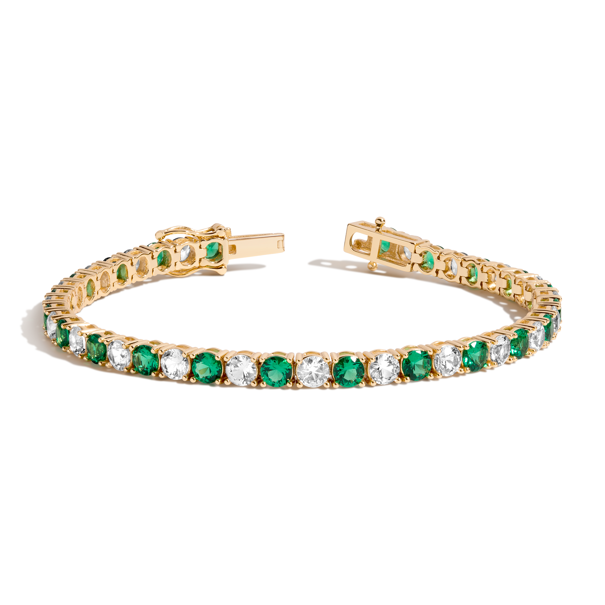 Lab Grown White Sapphire and Green Emerald Alternating Tennis Bracelet