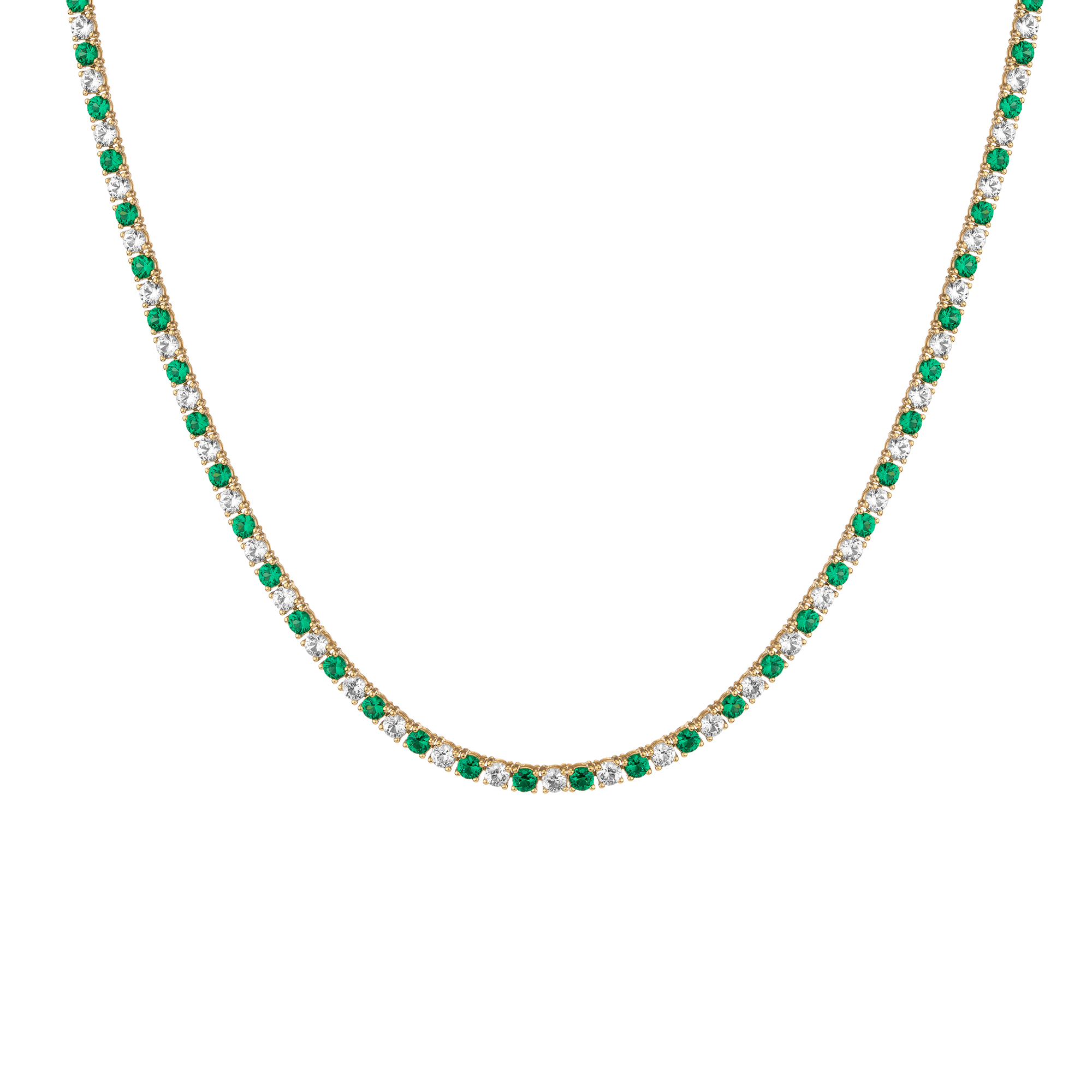 Lab Grown White Sapphire and Green Emerald Alternating Tennis Necklace