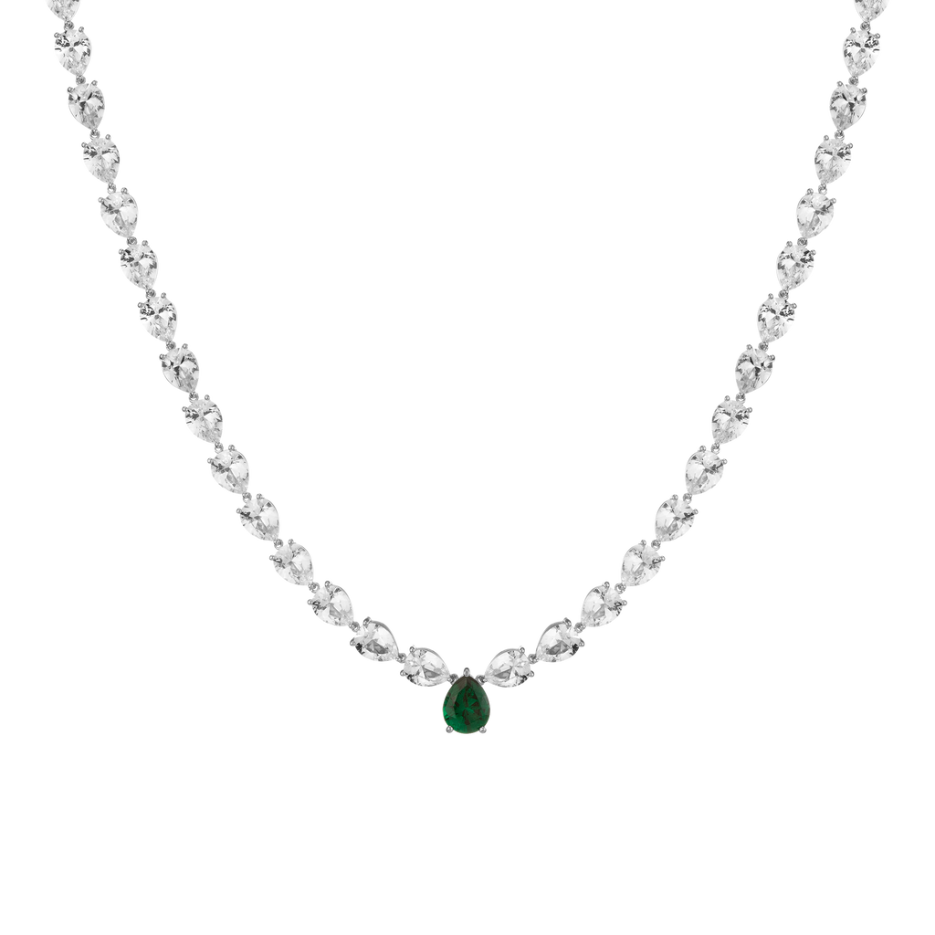 Lab Grown White Sapphire and Green Emerald Pear Tennis Necklace