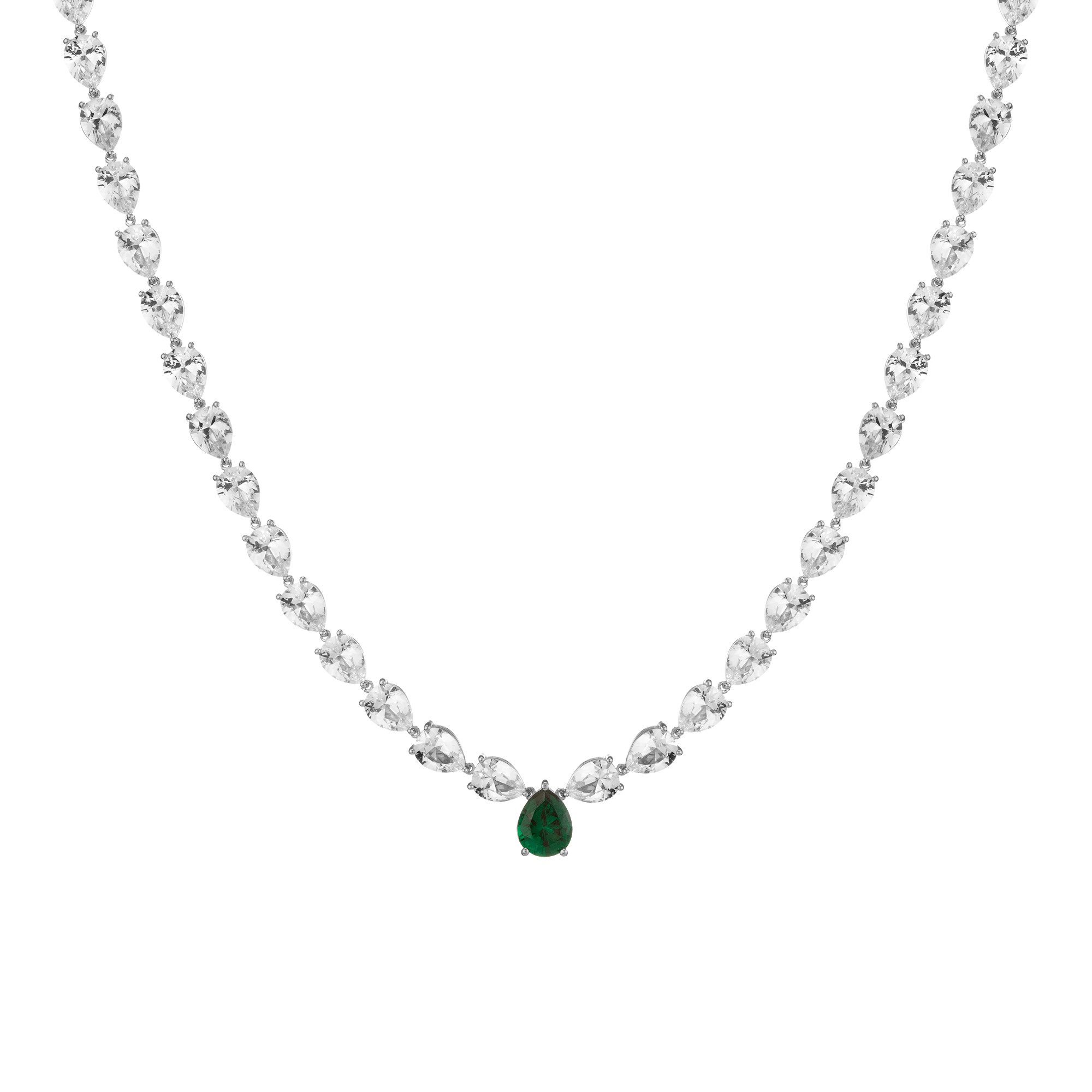 Lab Grown White Sapphire and Green Emerald Pear Tennis Necklace