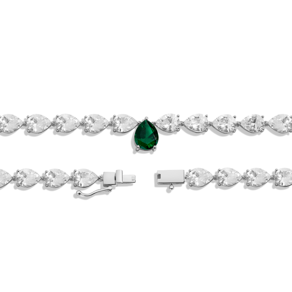 Lab Grown White Sapphire and Green Emerald Pear Tennis Necklace