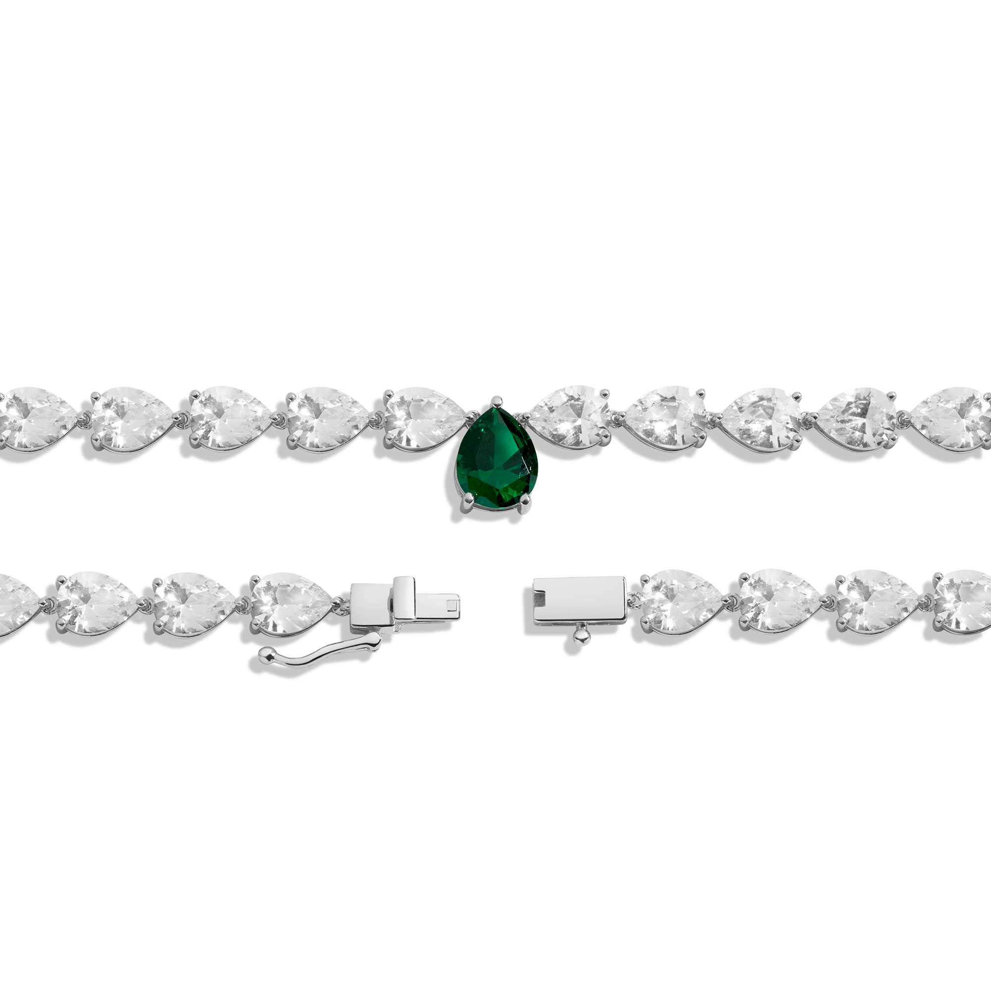 Lab Grown White Sapphire and Green Emerald Pear Tennis Necklace