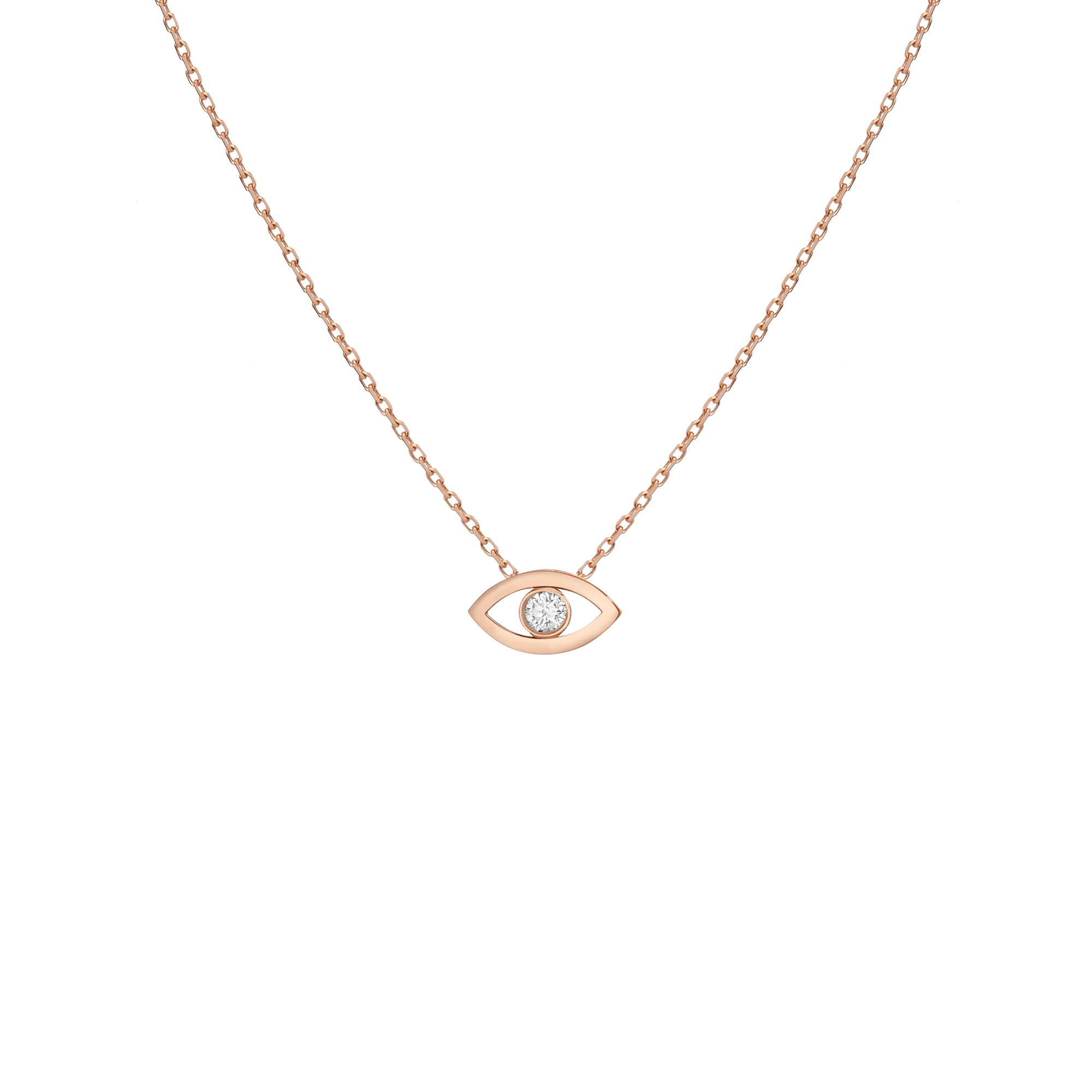 Diamond Bezel Evil Eye Necklace Rose Gold Vermeil 14K Rose Gold 18K Rose Gold White Diamonds First