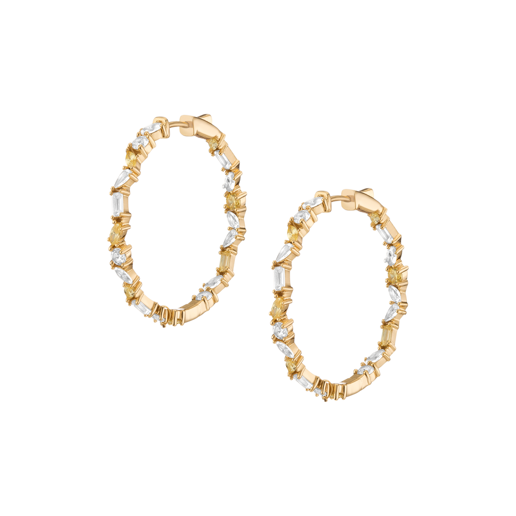 Lab Grown White Sapphire and Canary Mixed Shape Hoop Earrings