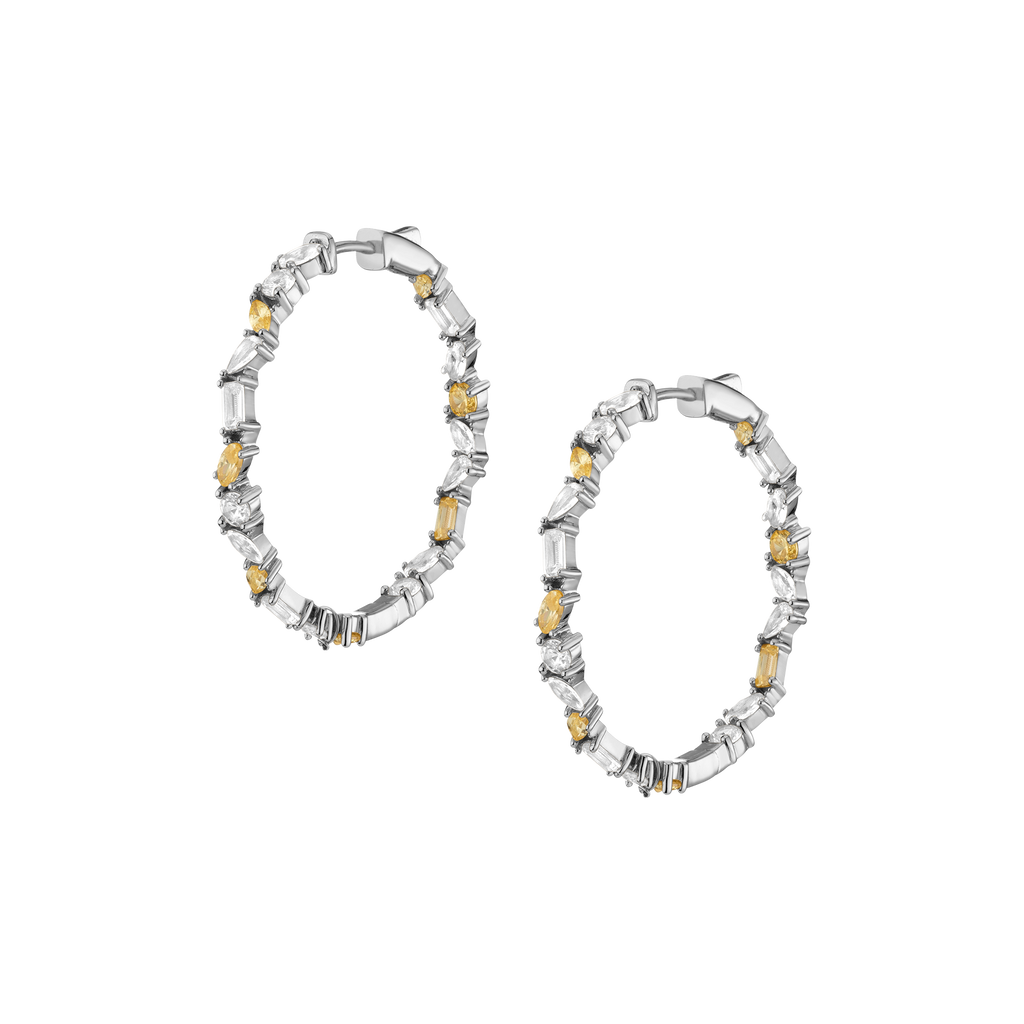 Lab Grown White Sapphire and Canary Mixed Shape Hoop Earrings