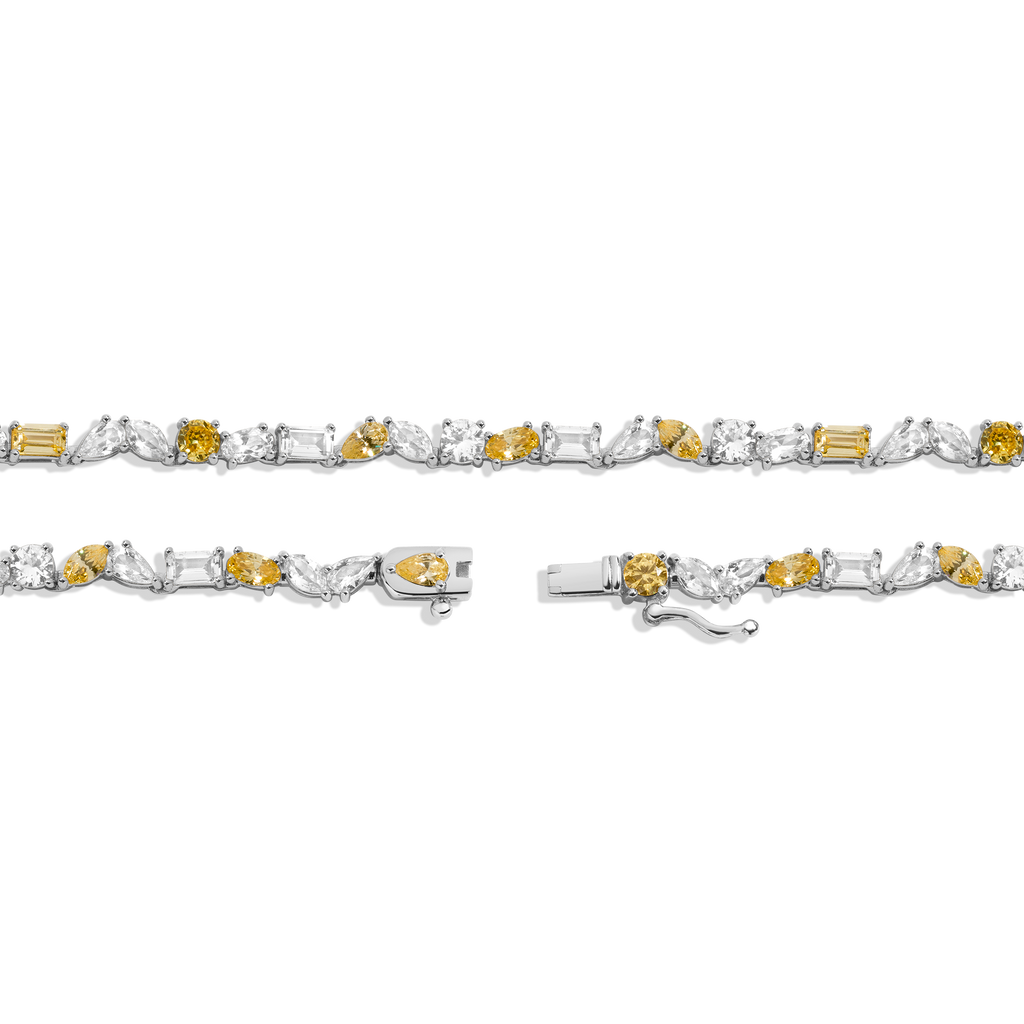 Lab Grown White Sapphire and Canary Mixed Shape Tennis Necklace