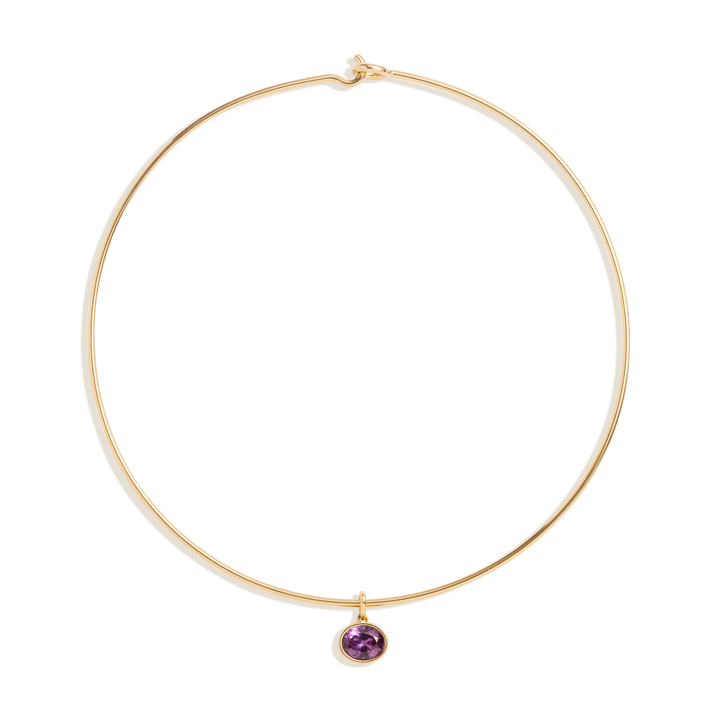 Lab Grown Amethyst Oval Pendant Collar Necklace Stainless Steel Yellow Gold 15in First