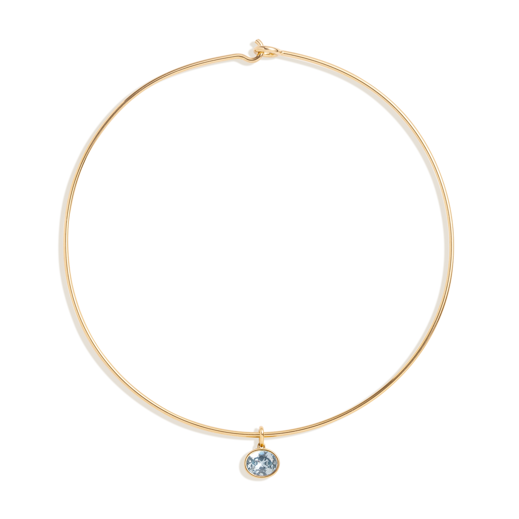 Lab Grown Aquamarine Oval Pendant Collar Necklace Stainless Steel Yellow Gold 15in First