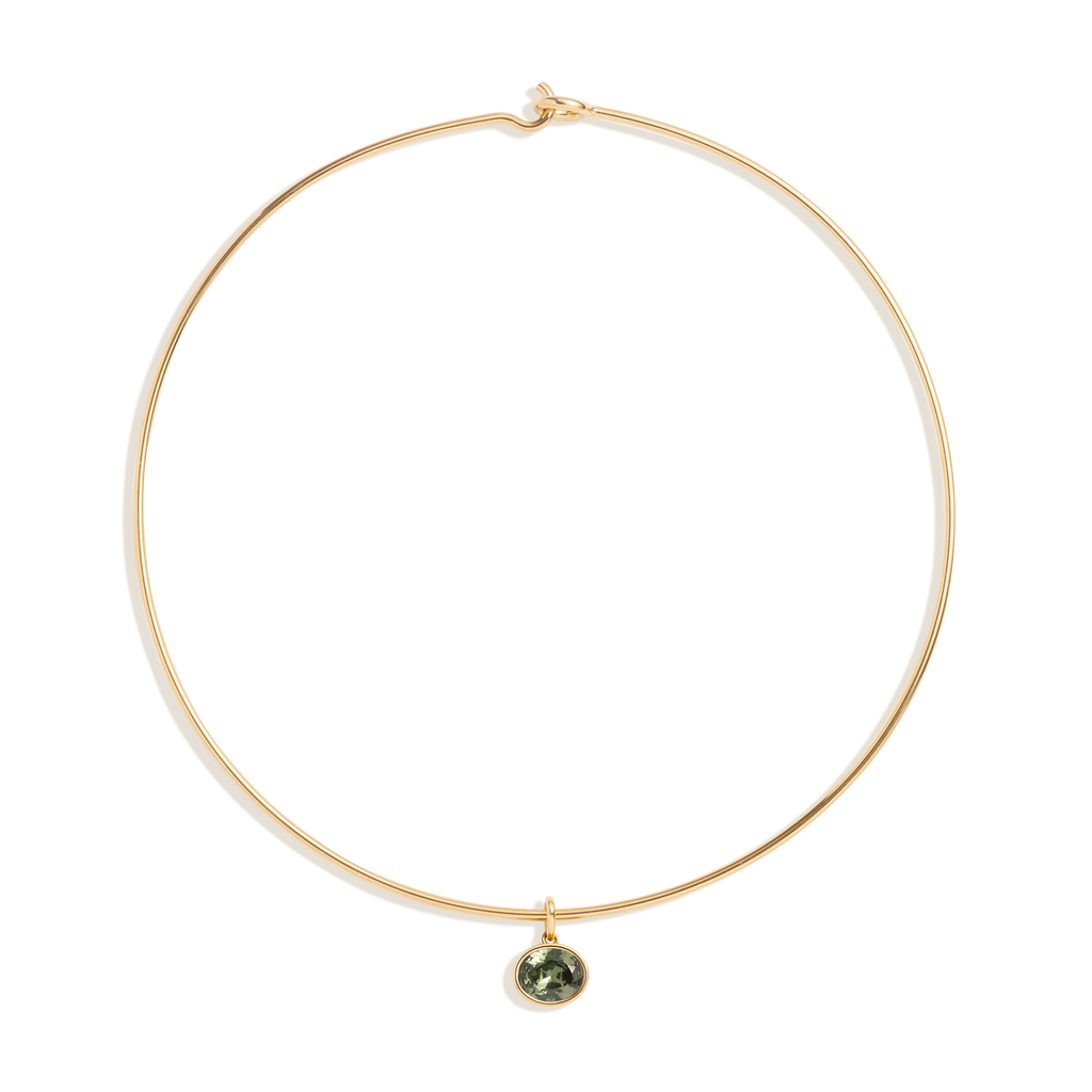 Lab Grown Green Sapphire Oval Pendant Collar Necklace Stainless Steel Yellow Gold 15in First 
