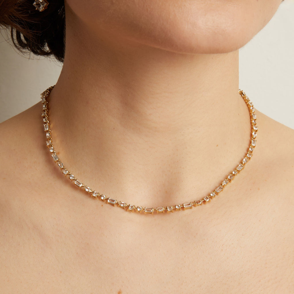 Lab Grown White Sapphire Mosaic Tennis Necklace