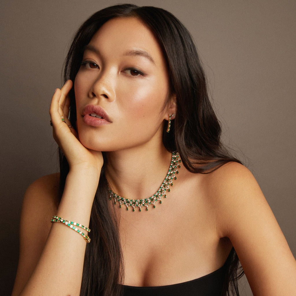 Lab Grown Green Emerald Teardrop Tennis Necklace