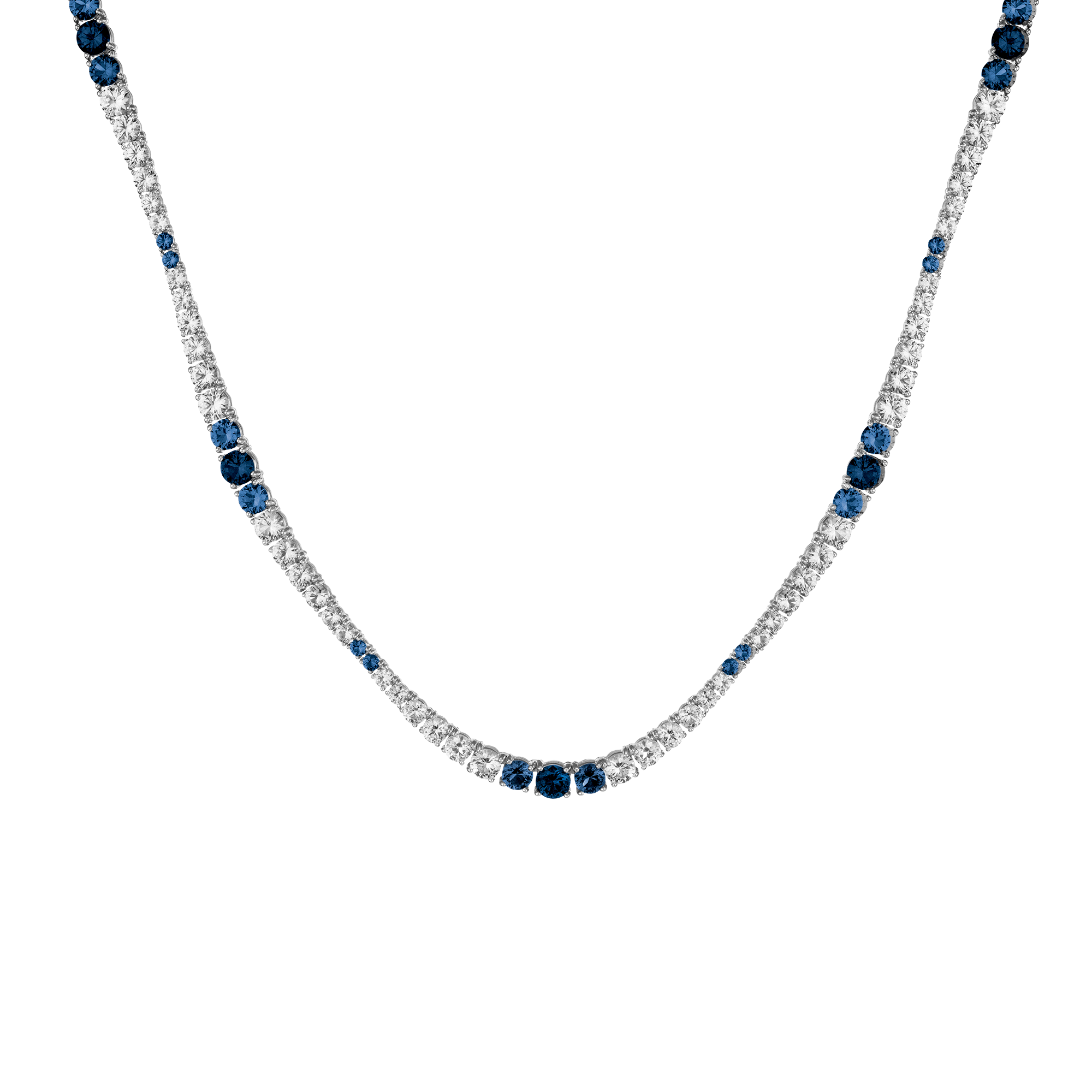 Lab Grown Blue Sapphire and White Sapphire Scalloped Tennis Necklace