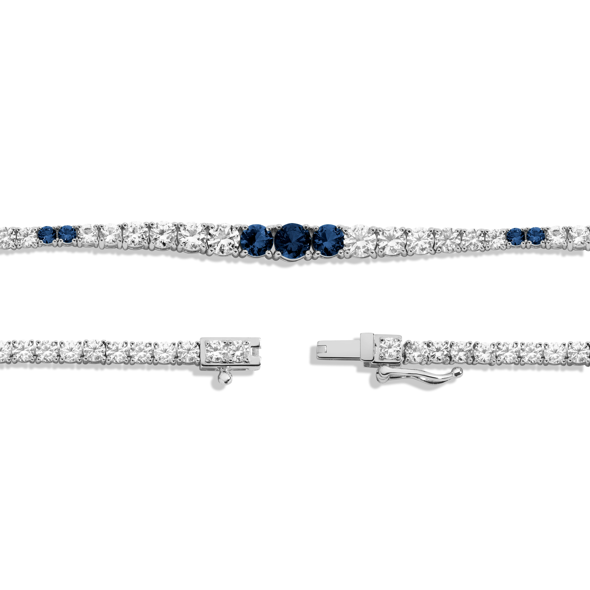 Lab Grown Blue Sapphire and White Sapphire Scalloped Tennis Necklace
