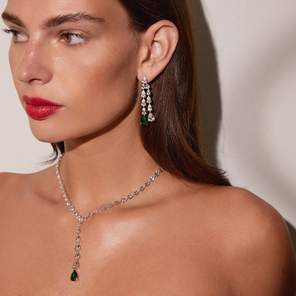 Lab Grown White Sapphire Waterfall Earrings with Emerald