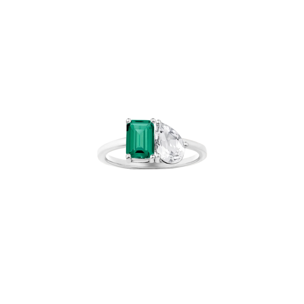 Toi et Moi Gemstone Classic Ring  - Green Emerald & White Topaz