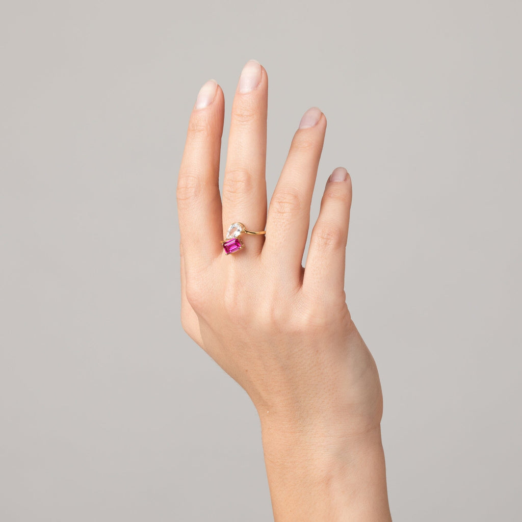 Toi et Moi Gemstone Heirloom Ring - Red Ruby & White Topaz