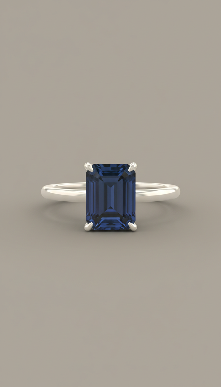 Platinum Solitaire Ring with Emerald-Cut Sapphire
