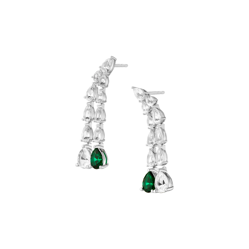Lab Grown White Sapphire Waterfall Earrings with Emerald